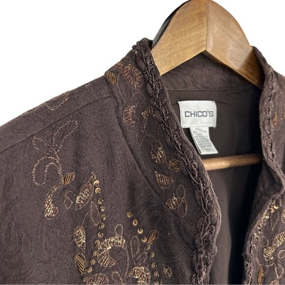 Chicos Brown Embroidered Open Front Long Sleeve Paisley Pattern Jacket Sz 2 US L - Picture 3 of 7